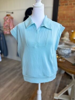 Simply Southern Light Aqua Sleeveless Zip Polo
